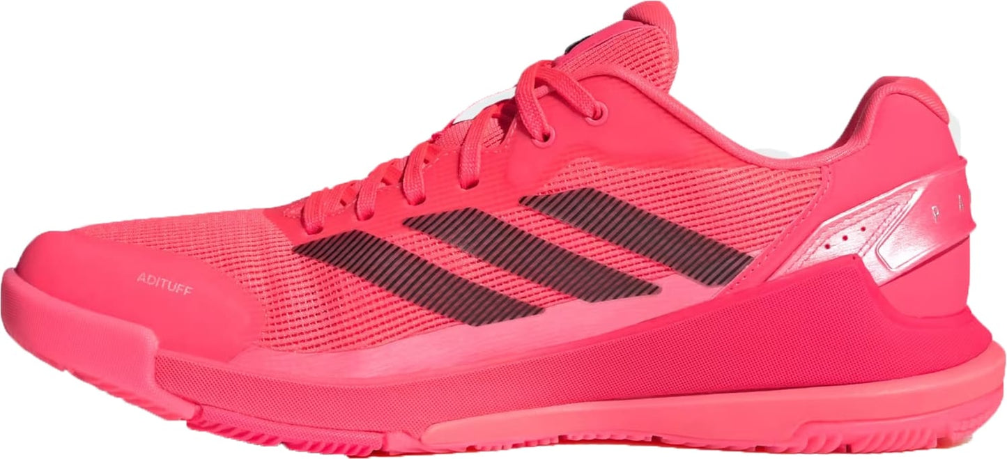 The adidas Crazyquick LS Mens Padel Shoes in Solar Turbo/Core Black/Lucid Red feature a pink mesh upper, black stripes, pink laces, and a durable sole with multi-directional grip—ideal for sports or running.