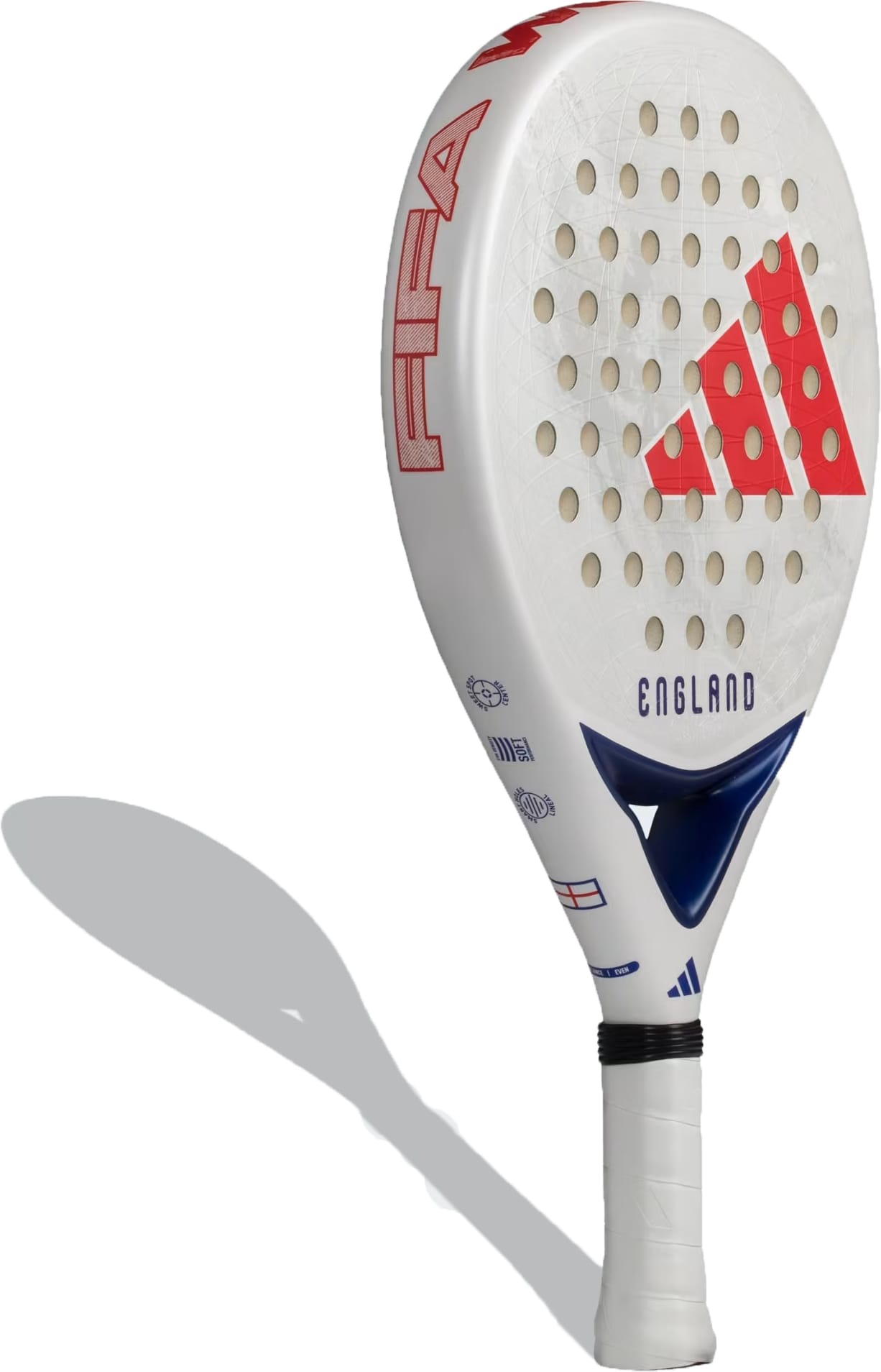 The adidas ADIDAS England WC World Cup 2026 Padel Racket is white with red and blue accents, displaying the Adidas logo, "FIFA" text, and "ENGLAND" print. This durable control racket casts a shadow to the left.