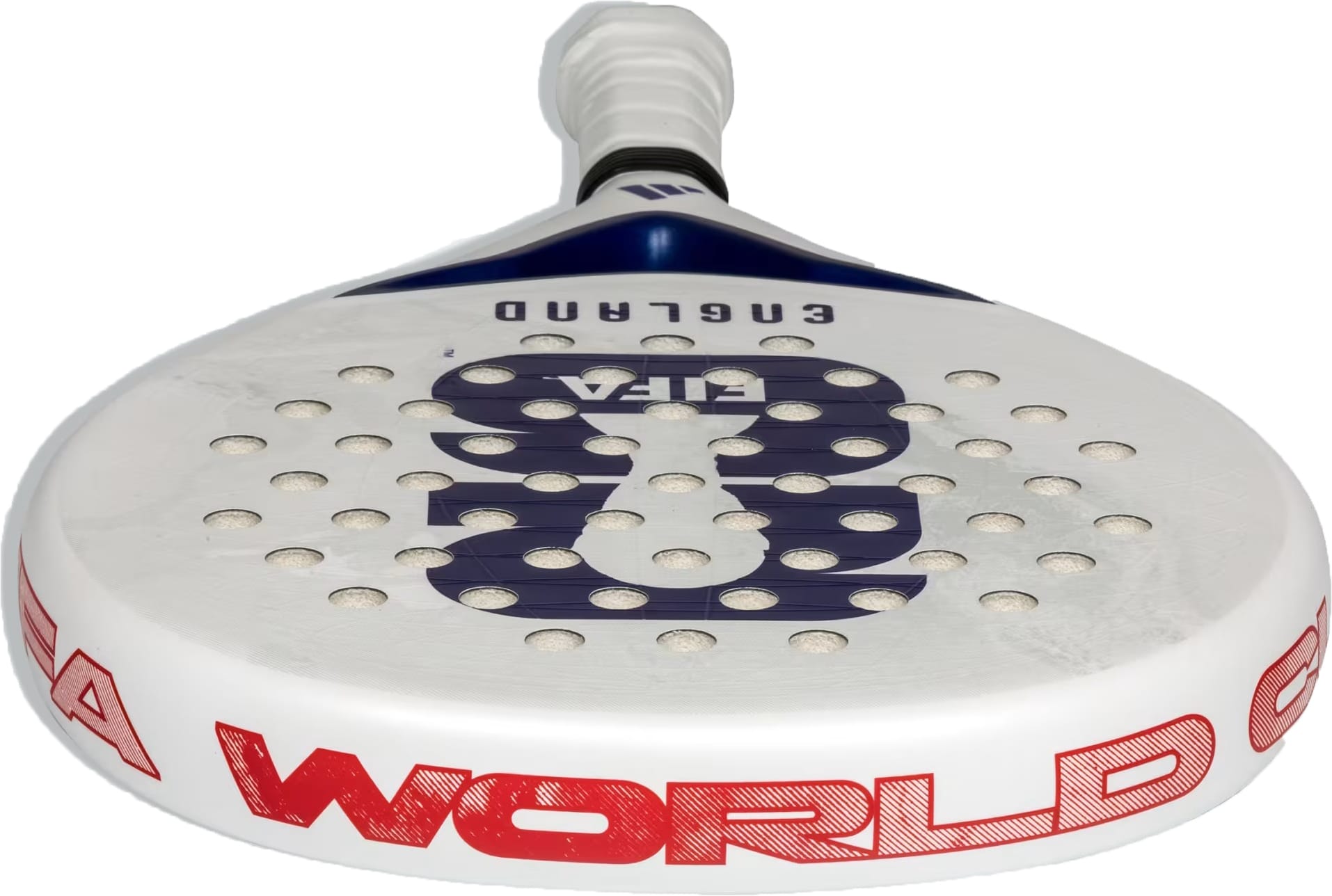 The adidas England WC World Cup 2026 Padel Racket is a white intermediate racket with a perforated surface, blue and black graphics, "ENGLAND" by the handle, and bold red "WORLD"—perfect for fans seeking control and durability.