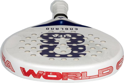 The adidas England WC World Cup 2026 Padel Racket is a white intermediate racket with a perforated surface, blue and black graphics, "ENGLAND" by the handle, and bold red "WORLD"—perfect for fans seeking control and durability.
