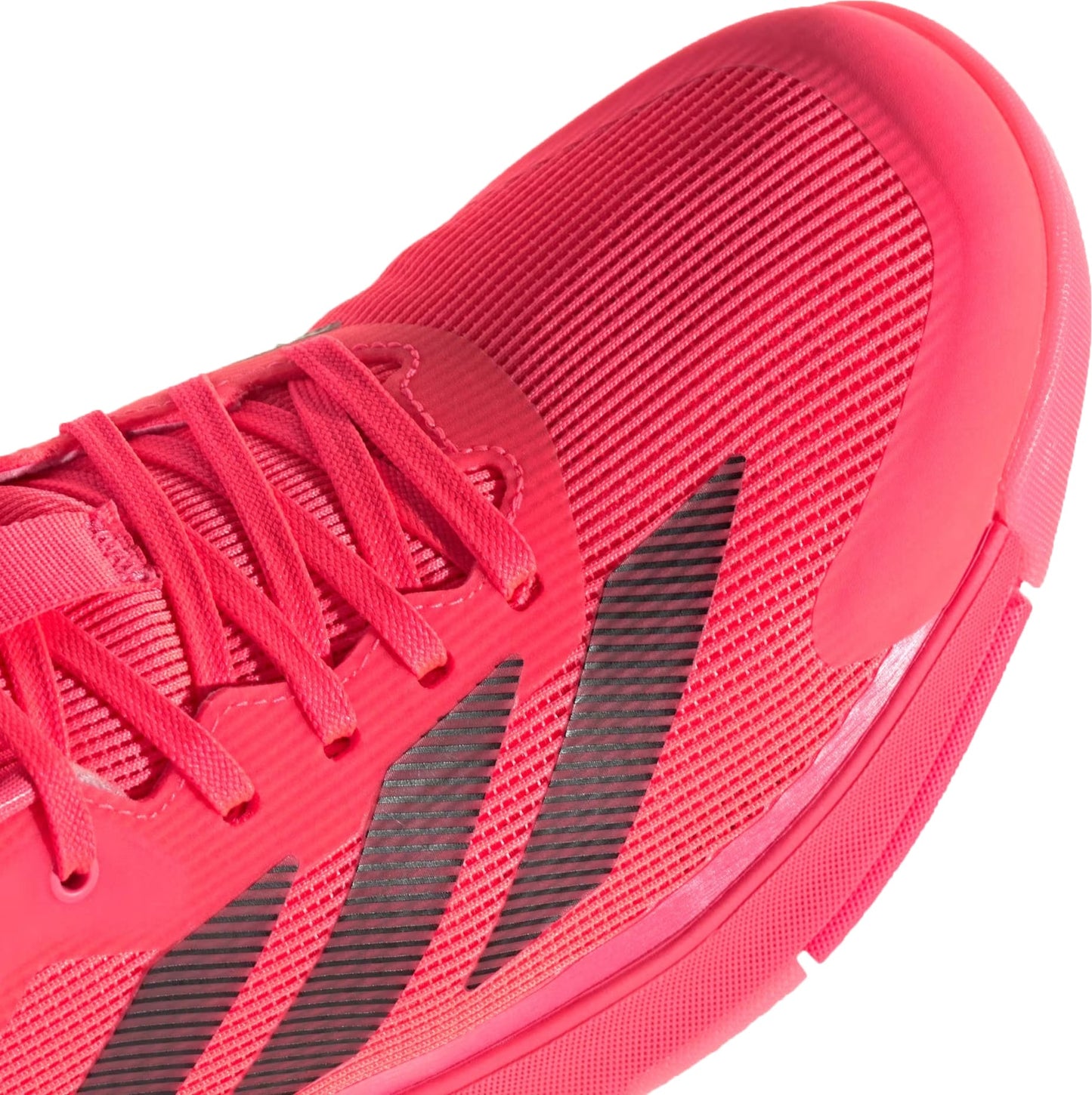 Close-up of adidas Crazyquick LS Men's Padel Shoes in Solar Turbo/Core Black/Lucid Red, featuring textured fabric, matching laces, black stripes, visible stitching, and a multi-directional grip for superior court performance.
