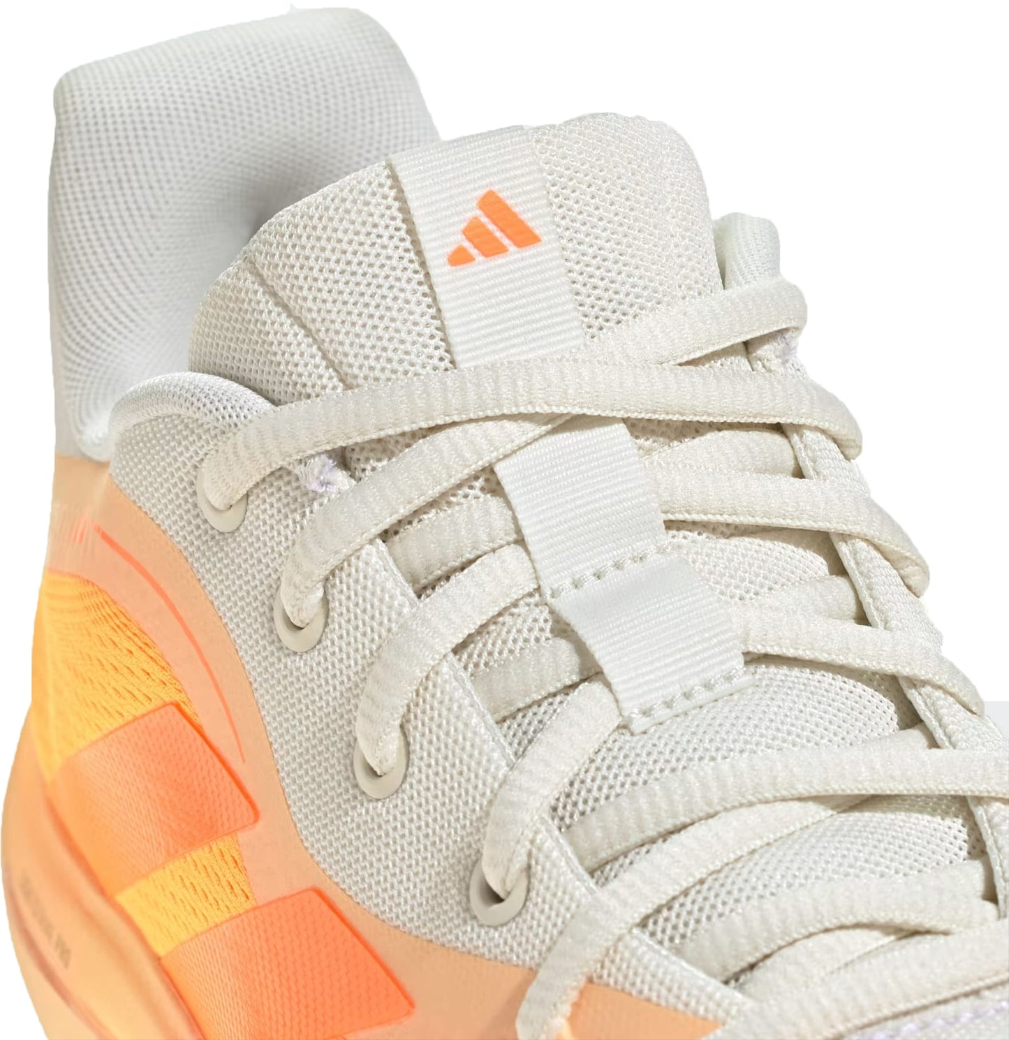 Close-up of an adidas Crazyflight 7 Indoor Men’s Padel Shoe in Lucid Tangerine/Lucid Orange/Off White, featuring white laces, mesh upper, orange logo on the tongue, side accents, and LightstrikePro cushioning for superior comfort.