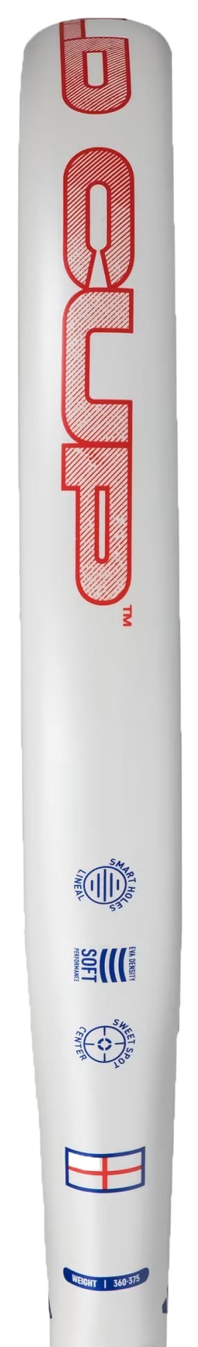 White cricket bat with bold red "DUP" branding, blue logos below, and a small English flag at the base—similar to the adidas England WC World Cup 2026 Padel Racket. The bat stands upright, displaying its back.