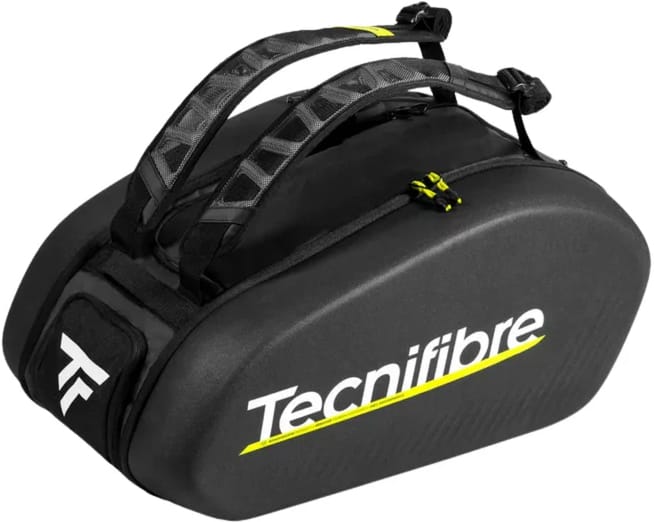 The Tecnifibre Reform Padel Racket Bag in black/yellow features two padded shoulder straps, a TF logo side pocket, bold white Tecnifibre branding, waterproof design, and excellent protection for your padel rackets.