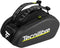 The Tecnifibre Reform Padel Racket Bag in black/yellow features two padded shoulder straps, a TF logo side pocket, bold white Tecnifibre branding, waterproof design, and excellent protection for your padel rackets.