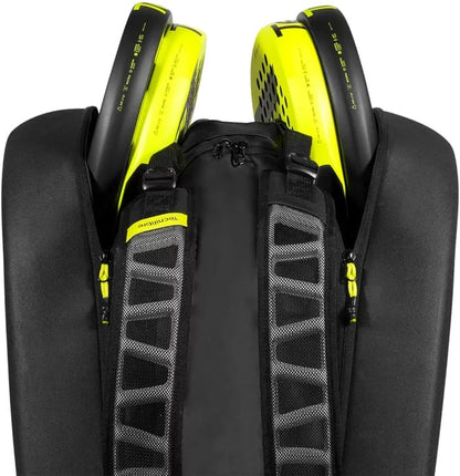 The Tecnifibre Reform Padel Racket Bag in black/yellow features top zippered compartments for rackets, offering excellent protection inspired by Tecnifibre’s signature design.