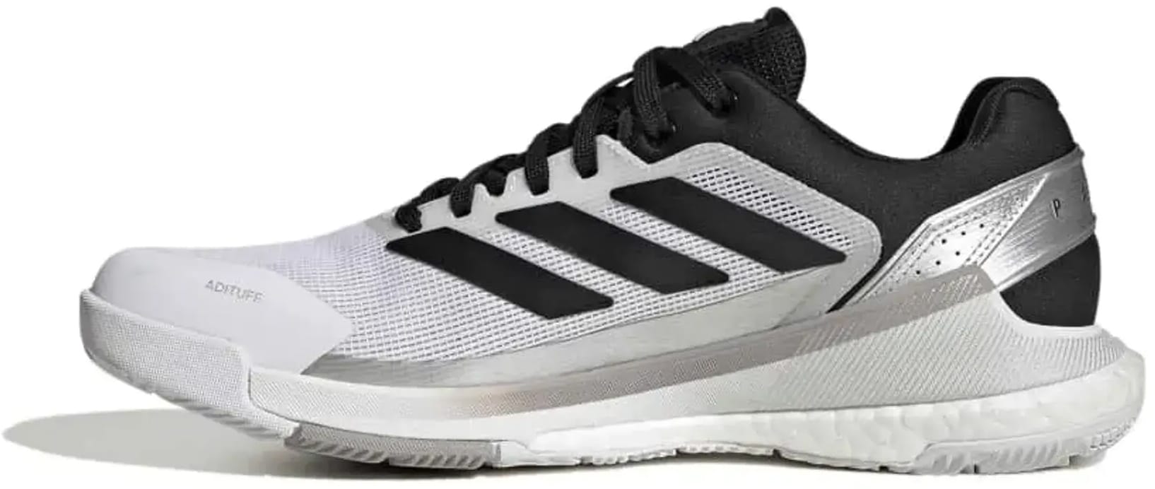 The adidas Crazyquick Boost Mens Padel Shoes in Cloud White, Core Black, and Silver Metallic are premium athletic footwear designed for men. Featuring black laces, the signature adidas black stripes, and silver metallic accents along the side and heel, these shoes deliver enhanced energy return for peak performance on the padel court. Displayed in a side view against a white background.