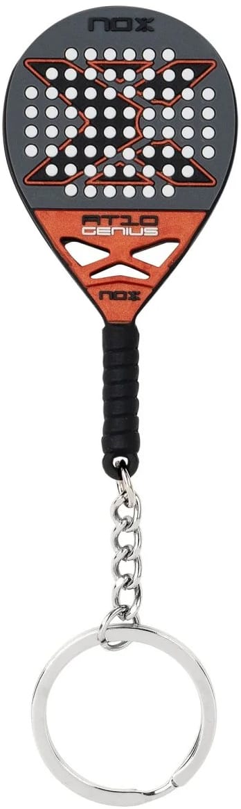 The NOX AT10 Genius 18K Padel Racket Keychain by NOX features a black and orange miniature racket inspired by Agustin Tapia, with white holes, textured grip, and a silver chain attached to a round keyring.