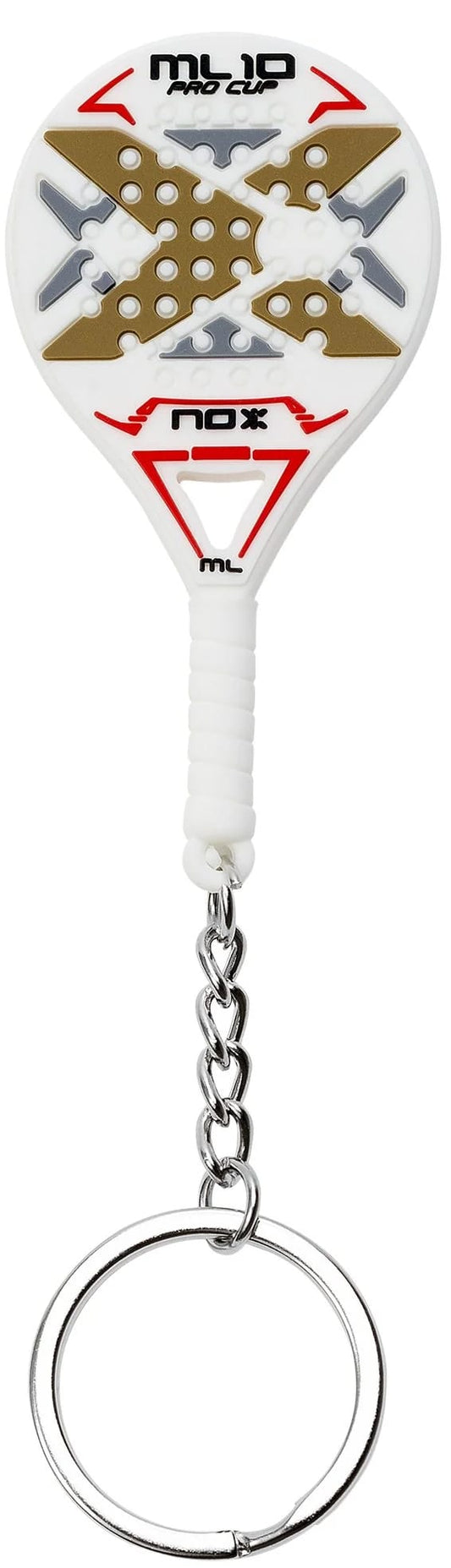 The NOX ML10 Pro Cup Padel Racket Keychain by NOX features a detailed mini replica of the iconic racket, complete with a white handle and metal chain for easy attachment to your keys.