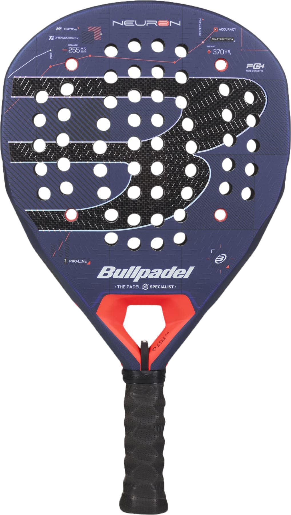 The Bullpadel Neuron 2027 Padel Racket by Bullpadel is a blue racket accented with a prominent white “B” logo, perforated holes, and a black grip handle. Equipped with innovative PrismLock technology and a HardEva core, it is crafted to deliver exceptional performance on the padel tennis court.