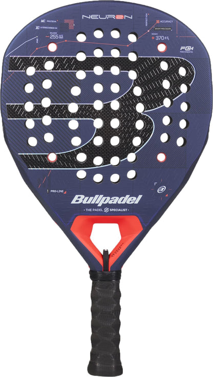 The Bullpadel Neuron 2027 Padel Racket by Bullpadel is a blue racket accented with a prominent white “B” logo, perforated holes, and a black grip handle. Equipped with innovative PrismLock technology and a HardEva core, it is crafted to deliver exceptional performance on the padel tennis court.