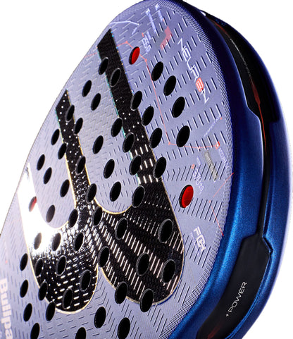 Close-up of the Bullpadel Neuron 2027 Padel Racket, showcasing its shiny, textured surface with round holes and metallic blue edges. The word “POWER” appears on the side alongside distinctive red accents and Bullpadel branding. This modern racket features PrismLock technology and a HardEva core for enhanced performance.