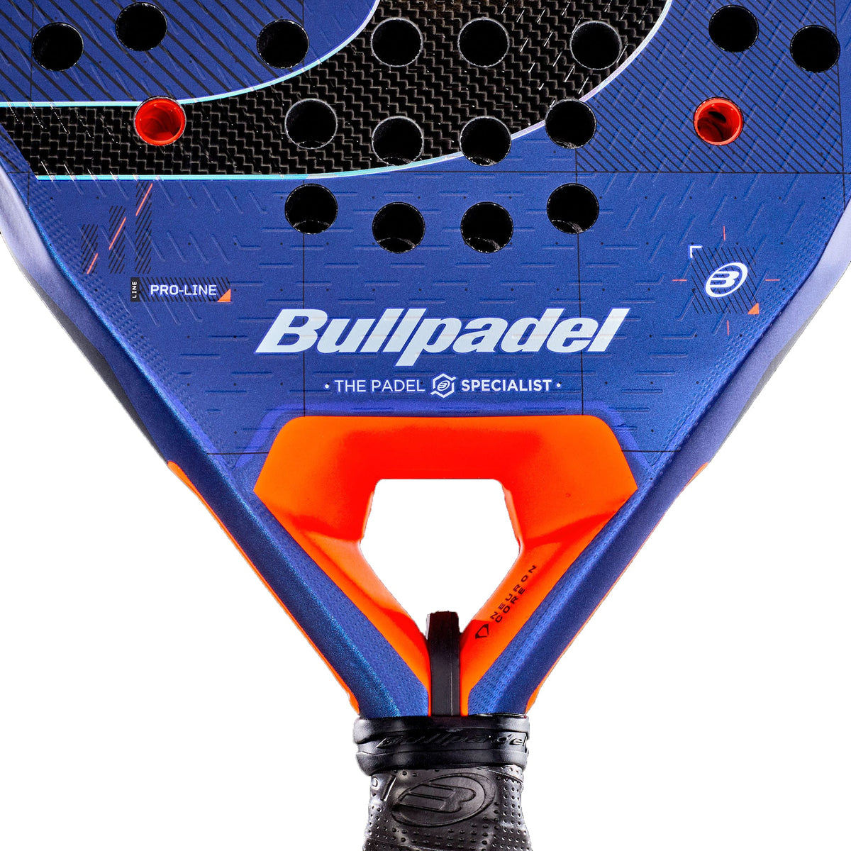 Close-up of the Bullpadel Neuron 2027 Padel Racket in blue and orange, showcasing bold Bullpadel branding, a textured surface with PrismLock technology, drilled holes, and a unique triangular cutout above the handle. The racket features a HardEva core for improved power and control.