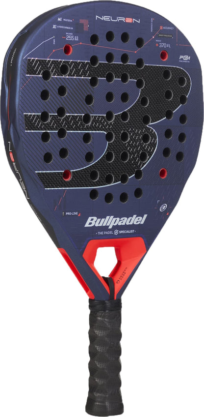 The Bullpadel Neuron 2027 Padel Racket by Bullpadel features a blue design with a black textured face, red accents, and a black grip. Equipped with a HardEva core for enhanced power and durability, this racket displays multiple holes and bold logo designs on its surface.