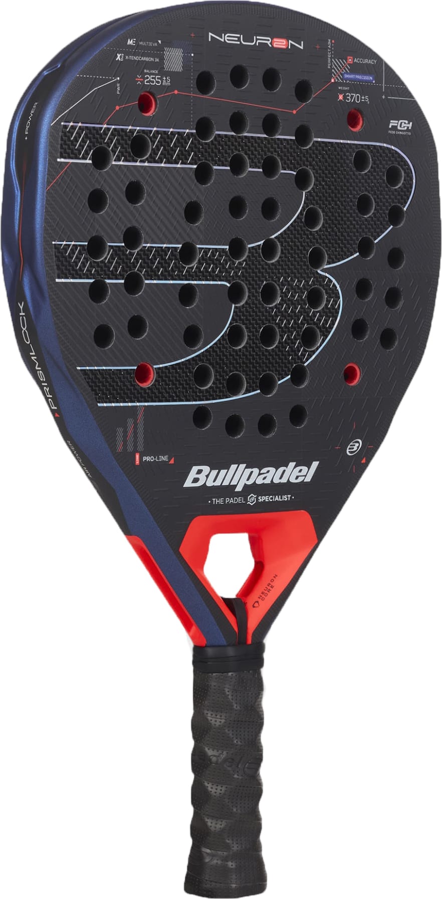 The Bullpadel Neuron 2027 Padel Racket by Bullpadel comes in black with striking red and blue accents, designed with multiple holes across its surface. It features a powerful HardEva core, advanced PrismLock technology, and a textured grip handle for improved performance.