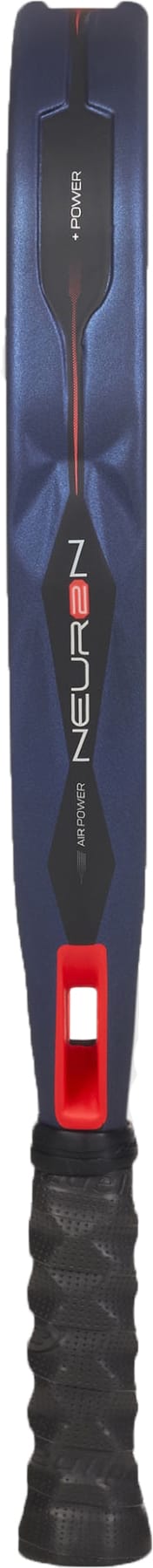 A close-up of the Bullpadel Neuron 2027 Padel Racket handle highlights its dark blue and black design with a textured grip and striking red accents, showcasing Bullpadel branding on the frame. Featuring advanced PrismLock technology for enhanced performance, this padel racket delivers both impressive style and function.