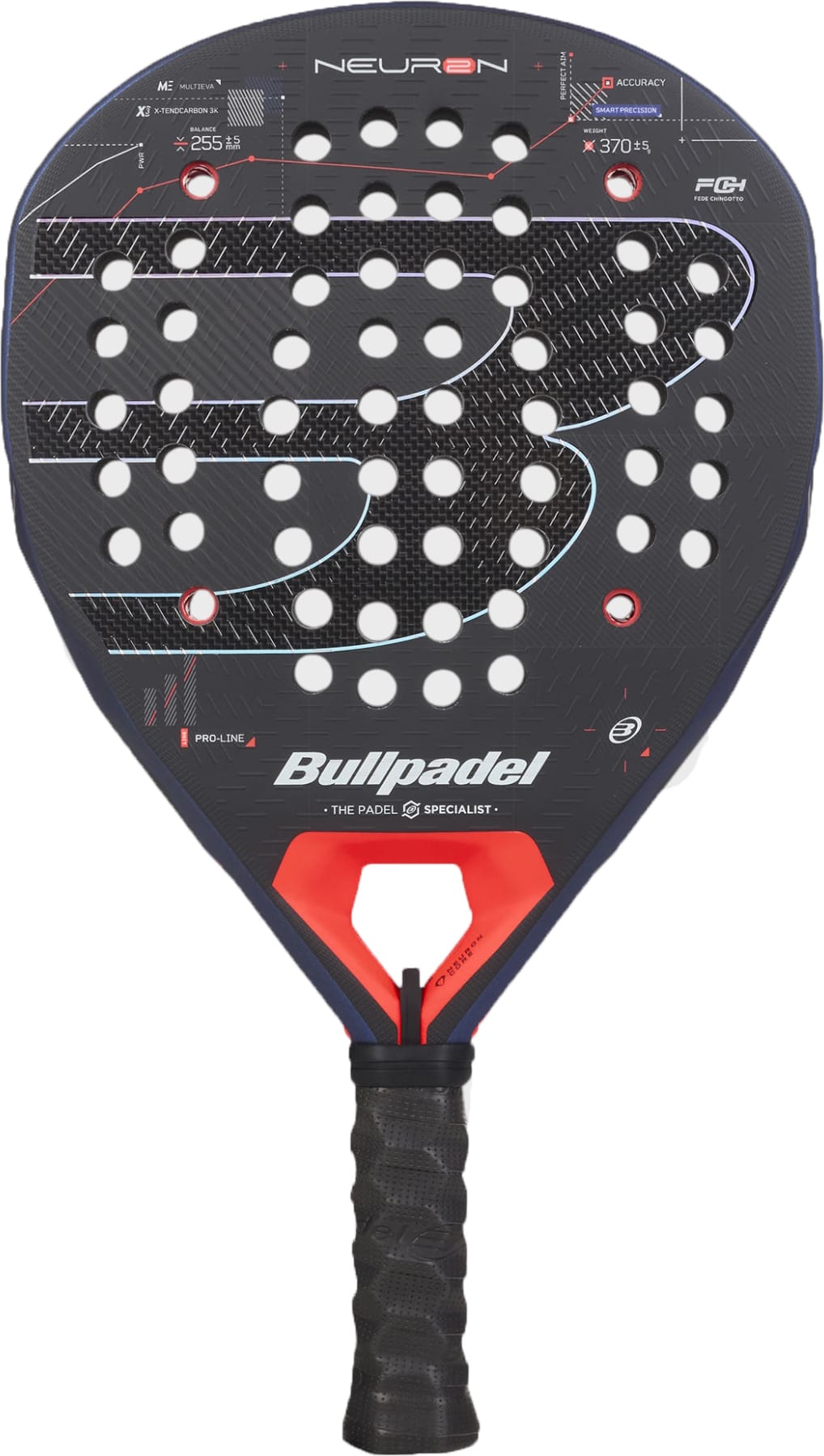 The Bullpadel Neuron 2027 Padel Racket by Bullpadel showcases a striking black and red design, equipped with a HardEva core for superior power, a perforated and textured face for optimal ball control, and a comfortable black grip handle.