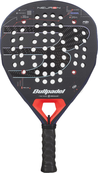 The Bullpadel Neuron 2027 Padel Racket by Bullpadel showcases a striking black and red design, equipped with a HardEva core for superior power, a perforated and textured face for optimal ball control, and a comfortable black grip handle.