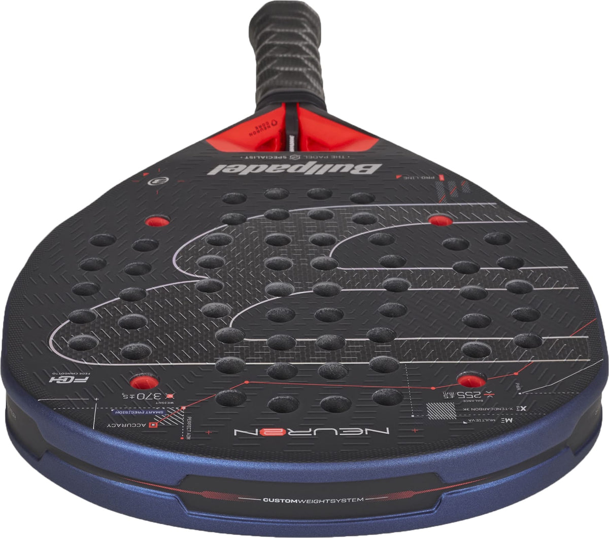 A close-up of the Bullpadel Neuron 2027 Padel Racket in black with red accents, showcasing its PrismLock technology, perforated holes, and textured surface. The handle is wrapped in a black grip, while the HardEva core delivers optimal power and control.