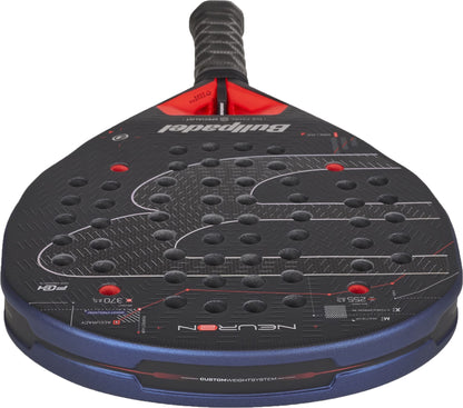 A close-up of the Bullpadel Neuron 2027 Padel Racket in black with red accents, showcasing its PrismLock technology, perforated holes, and textured surface. The handle is wrapped in a black grip, while the HardEva core delivers optimal power and control.
