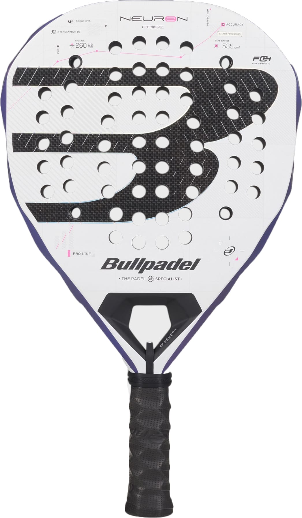 A white Bullpadel Neuron 02 Edge 2027 Padel Racket with black accents features a prominent “B” logo, round perforations on the face, and a black grip. The model name appears at the top, highlighting its advanced PrismLock technology for enhanced performance.