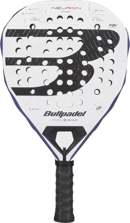 A white Bullpadel Neuron 02 Edge 2027 Padel Racket with black accents features a prominent “B” logo, round perforations on the face, and a black grip. The model name appears at the top, highlighting its advanced PrismLock technology for enhanced performance.