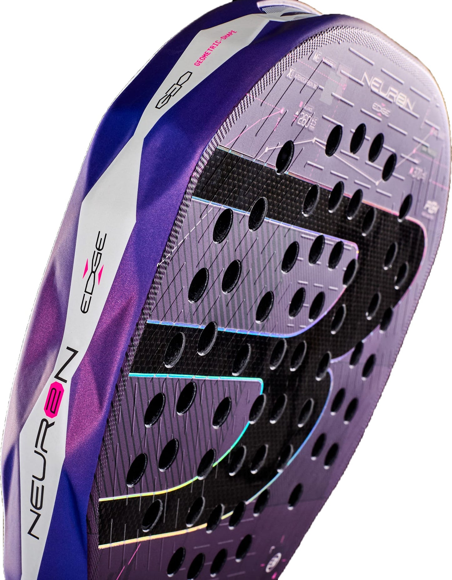 Close-up of the Bullpadel Neuron 02 Edge 2027 Padel Racket in purple and black, showcasing the word “NEURON” along the side, distinctive perforated holes, PrismLock technology, and a textured surface. The design is highlighted by sleek curved lines and Bullpadel logo details.