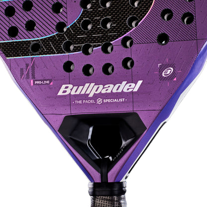 Close-up of the Bullpadel Neuron 02 Edge 2027 Padel Racket in purple, featuring black holes, PrismLock technology, prominent Bullpadel branding, and “The Padel Specialist” text visible against a white background.
