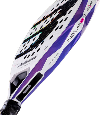 Close-up of the Bullpadel Neuron 02 Edge 2027 Padel Racket in striking purple and white, with “NEURON EDGE” and “AIR-POWER” text visible on its frame. This Bullpadel racket features advanced design elements, modern surface textures, and innovative PrismLock technology for enhanced performance.