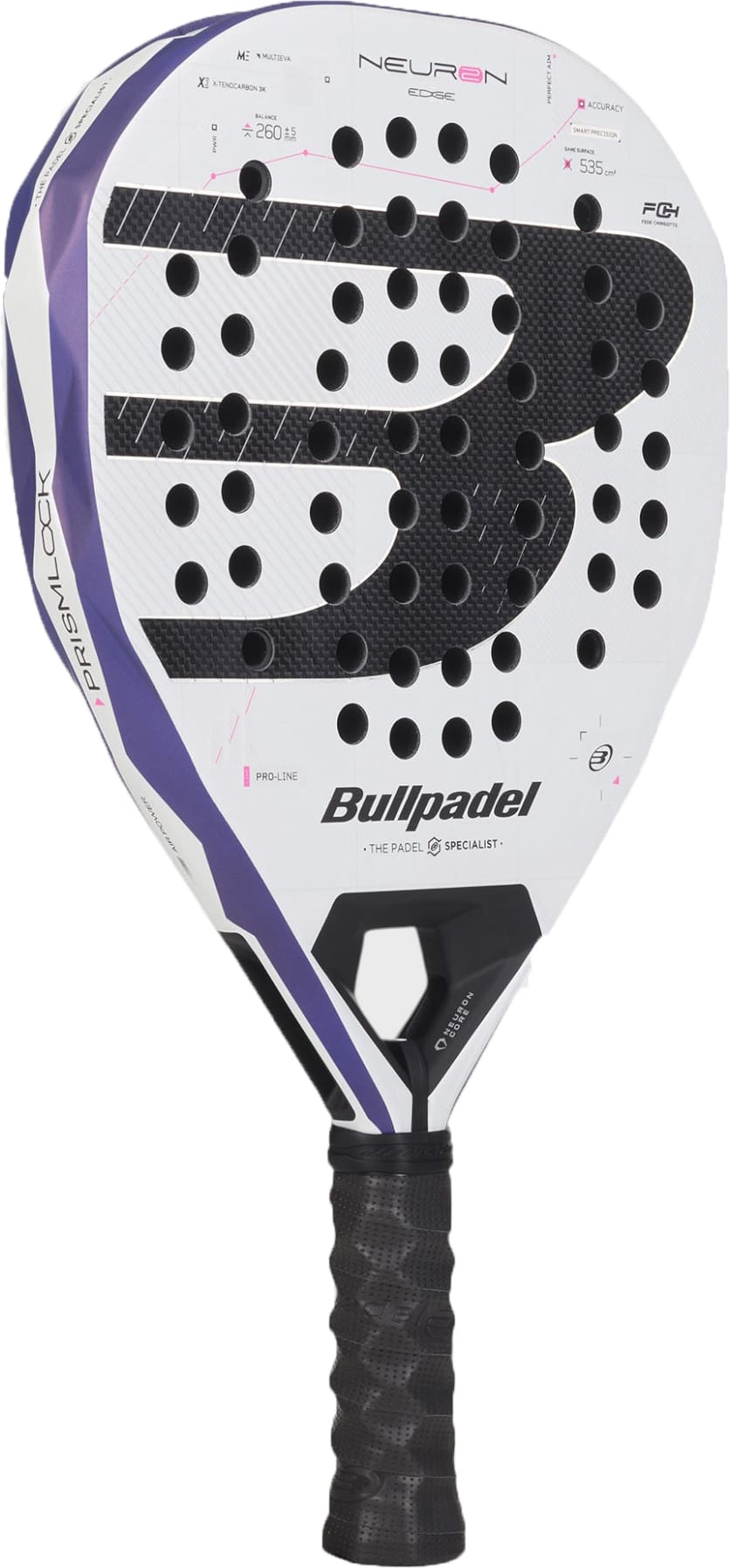The Bullpadel Neuron 02 Edge 2027 Padel Racket by Bullpadel features a white and black design with purple accents, a perforated face displaying the word “Bullpadel,” and a textured surface enhanced by PrismLock technology. The racket is finished with a black grip handle.