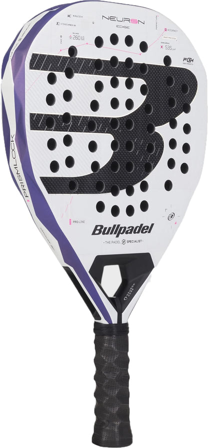 The Bullpadel Neuron 02 Edge 2027 Padel Racket by Bullpadel features a white and black design with purple accents, a perforated face displaying the word “Bullpadel,” and a textured surface enhanced by PrismLock technology. The racket is finished with a black grip handle.