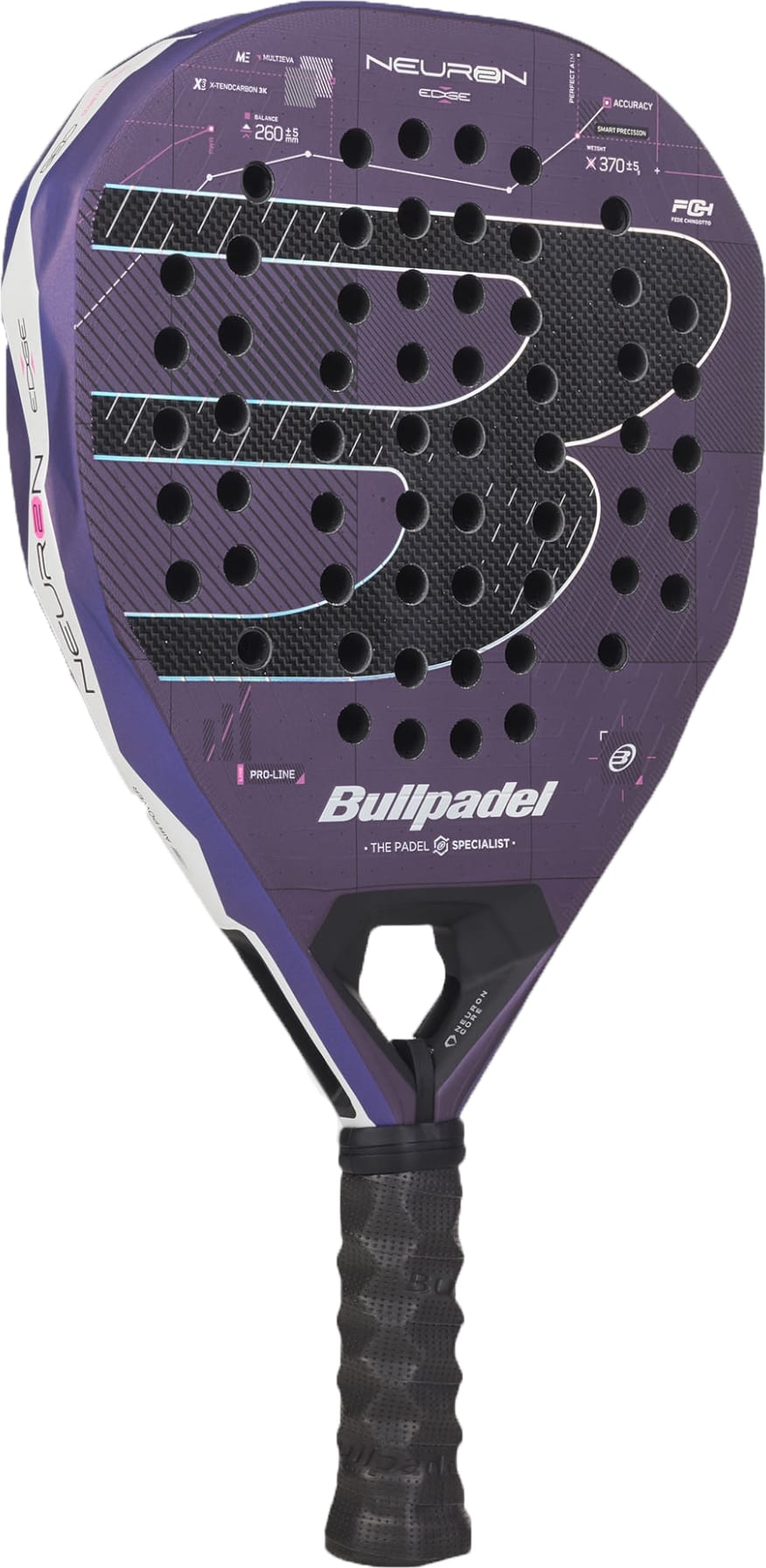 A Bullpadel Neuron 02 Edge 2027 Padel Racket in purple and black, featuring a perforated surface, a textured design with PrismLock technology, and a sleek black grip handle.