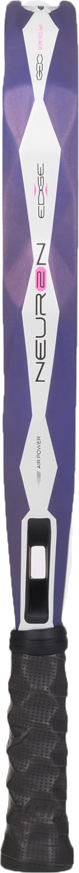 A close-up view of a purple and white cricket bat handle with a textured black grip and geometric design on the blade, reminiscent of the innovative styling found in the Bullpadel Neuron 02 Edge 2027 Padel Racket by Bullpadel.