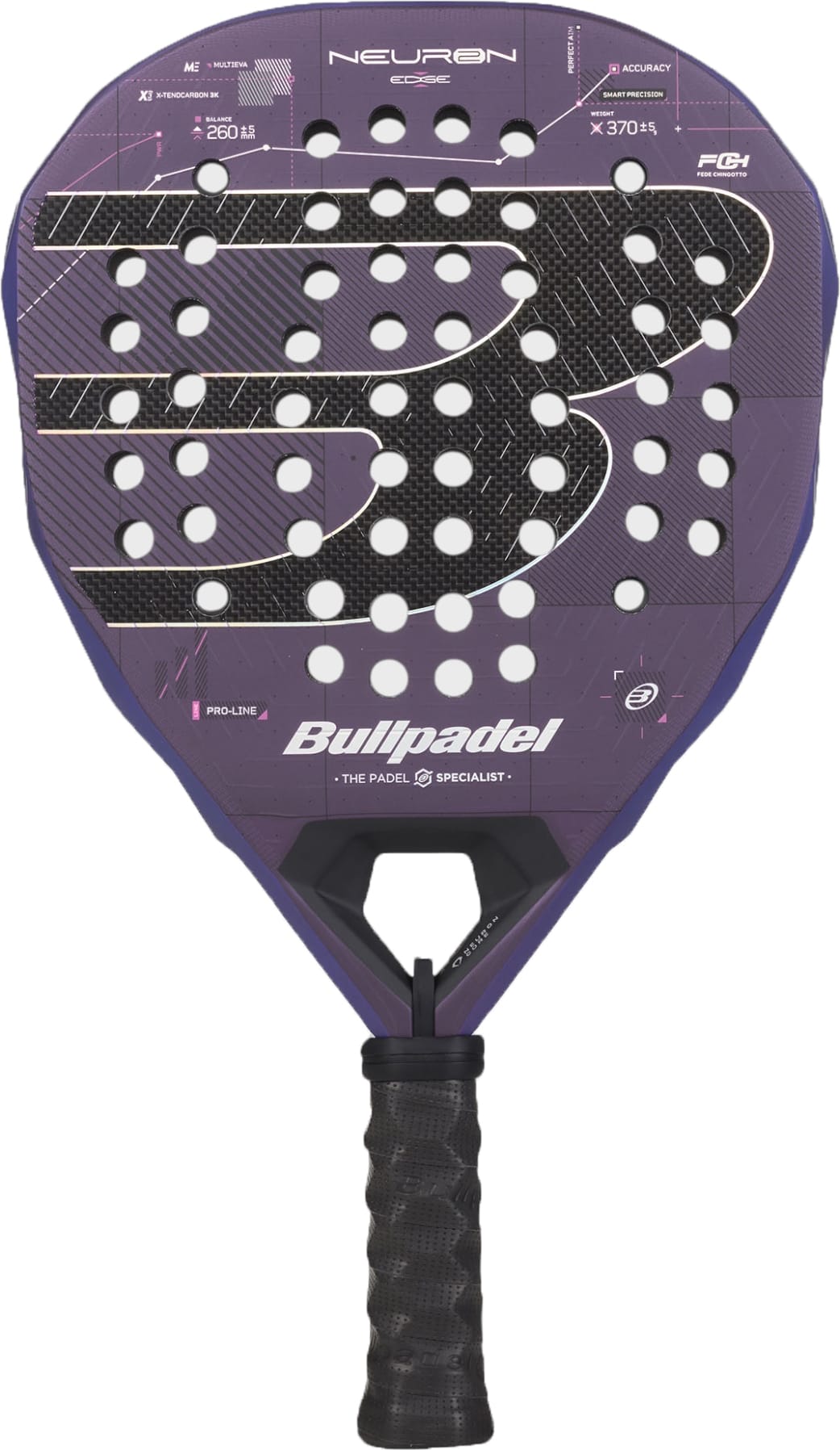 The Bullpadel Neuron 02 Edge 2027 Padel Racket by Bullpadel comes in a striking purple color and showcases a prominent “B” logo. It features a perforated, textured face designed for better control and includes a black grip handle. Enhanced with PrismLock technology, the padel racket also displays the names “Neuron” and “Bullpadel” clearly on its surface.