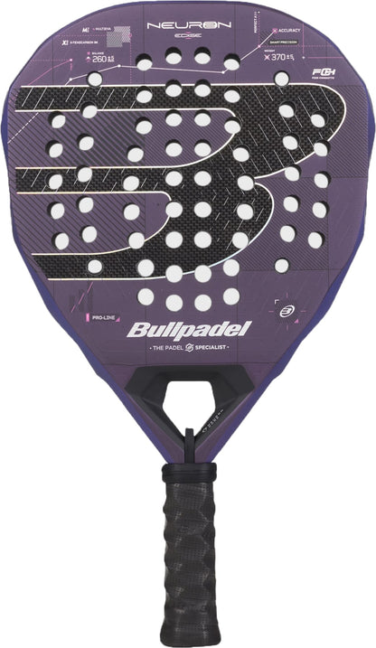 The Bullpadel Neuron 02 Edge 2027 Padel Racket by Bullpadel comes in a striking purple color and showcases a prominent “B” logo. It features a perforated, textured face designed for better control and includes a black grip handle. Enhanced with PrismLock technology, the padel racket also displays the names “Neuron” and “Bullpadel” clearly on its surface.