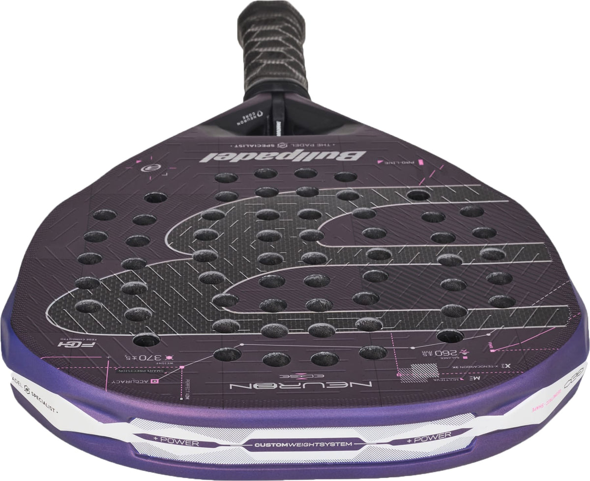 A close-up of a black and purple Bullpadel Neuron 02 Edge 2027 Padel Racket with a textured surface and multiple holes, viewed from the handle end, featuring advanced PrismLock technology.