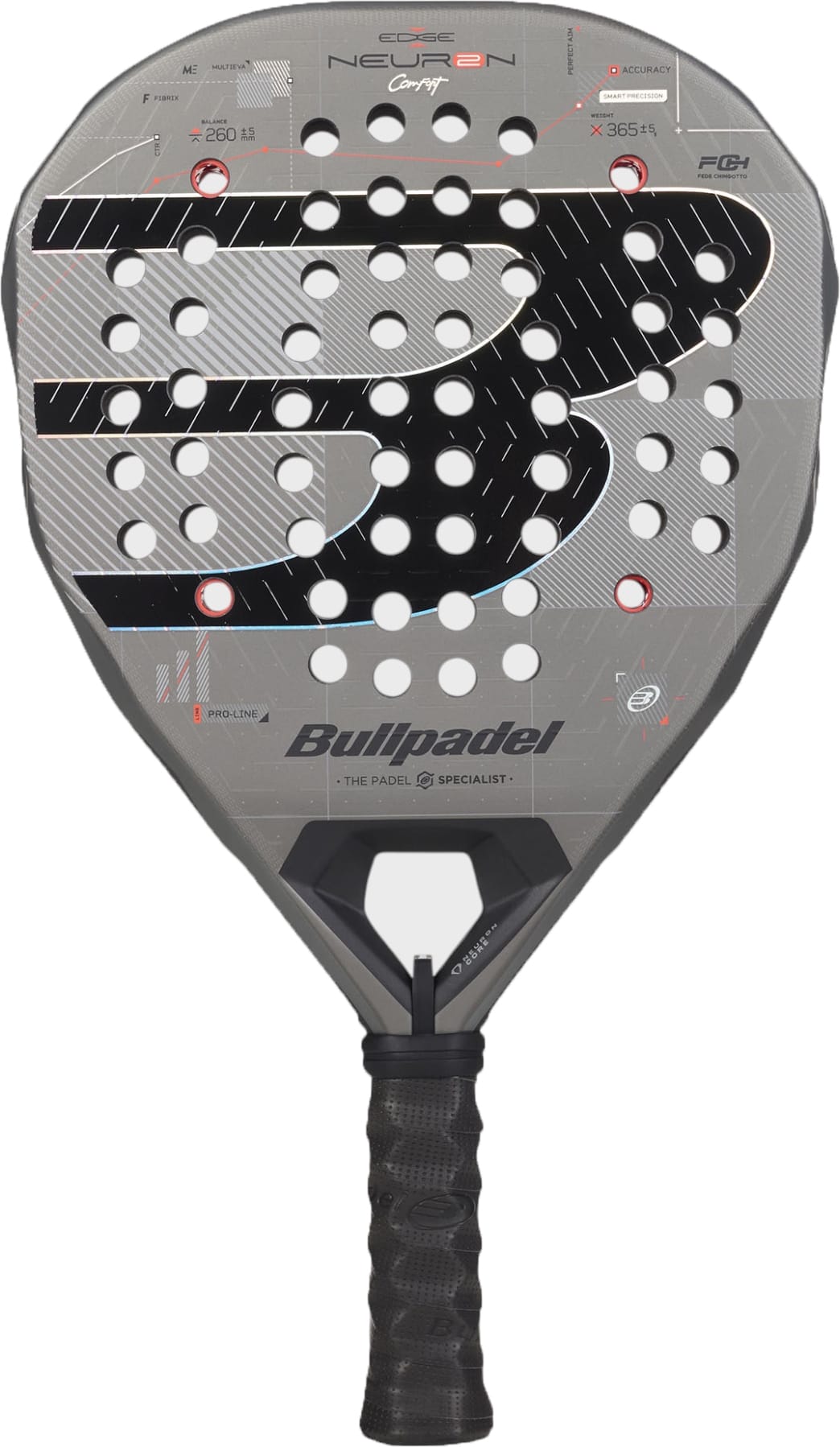 The Bullpadel Neuron 02 Comfort 2027 Padel Racket by Bullpadel stands out with its gray finish, black grip, and a prominent “B” logo, complemented by strategic holes in the head for improved playability. Featuring an angular design with technical markings and detailed branding across its surface, this racket is crafted for intermediate and advanced players who demand top-tier performance on the court.