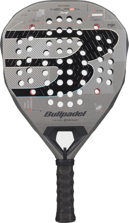 The Bullpadel Neuron 02 Comfort 2027 Padel Racket by Bullpadel stands out with its gray finish, black grip, and a prominent “B” logo, complemented by strategic holes in the head for improved playability. Featuring an angular design with technical markings and detailed branding across its surface, this racket is crafted for intermediate and advanced players who demand top-tier performance on the court.