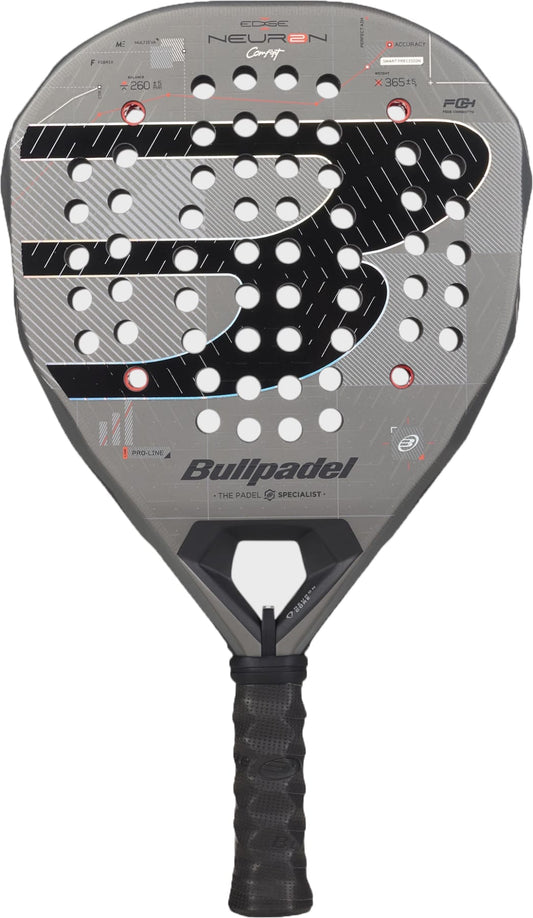 The Bullpadel Neuron 02 Comfort 2027 Padel Racket by Bullpadel stands out with its gray finish, black grip, and a prominent “B” logo, complemented by strategic holes in the head for improved playability. Featuring an angular design with technical markings and detailed branding across its surface, this racket is crafted for intermediate and advanced players who demand top-tier performance on the court.