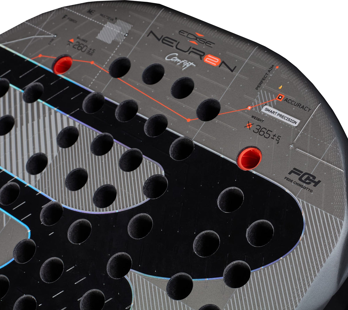 Close-up of the Bullpadel Neuron 02 Comfort 2027 padel racket face in black and gray, displaying round holes and red accents, with technical graphics and text emphasizing advanced accuracy and smart precision technologies—an ideal choice from Bullpadel for intermediate to advanced players seeking enhanced control.