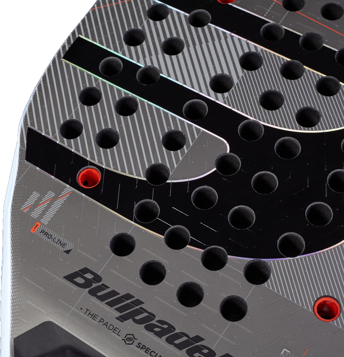 Close-up of the Bullpadel Neuron 02 Comfort 2027 Padel Racket by Bullpadel, featuring a precision-designed patterned surface with circular holes, diagonal lines, and prominent branded text such as “Bullpadel” and “THE PADEL SPECIALIST.” Crafted for intermediate and advanced padel players.