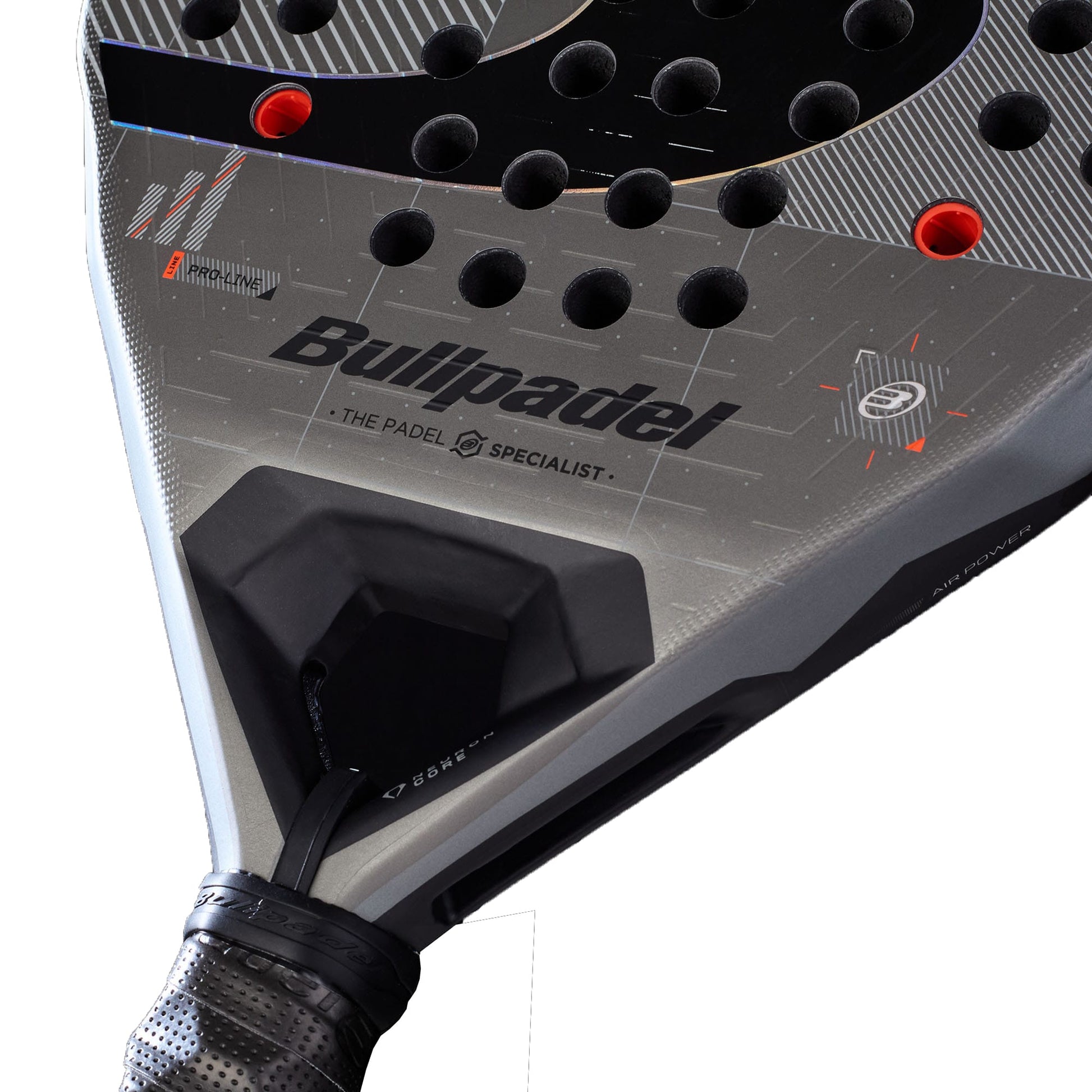 Close-up of the Bullpadel Neuron 02 Comfort 2027 Padel Racket by Bullpadel, highlighting its textured surface, prominent brand logo, and handle wrapped with grip tape. This precision padel racket is crafted for intermediate and advanced players and features striking red accents along with multiple perforations on its face.