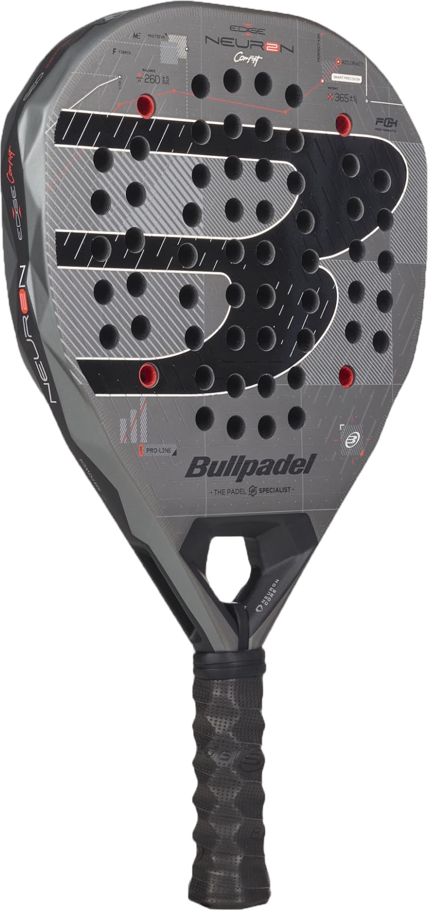 The Bullpadel Neuron 02 Comfort 2027 Padel Racket by Bullpadel is a precision racket for intermediate and advanced players, crafted in black and grey with red accents, a textured surface, strategically placed perforations, a padded handle, and prominent branding on the face and neck.