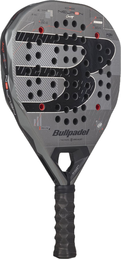 The Bullpadel Neuron 02 Comfort 2027 Padel Racket by Bullpadel is a precision racket for intermediate and advanced players, crafted in black and grey with red accents, a textured surface, strategically placed perforations, a padded handle, and prominent branding on the face and neck.