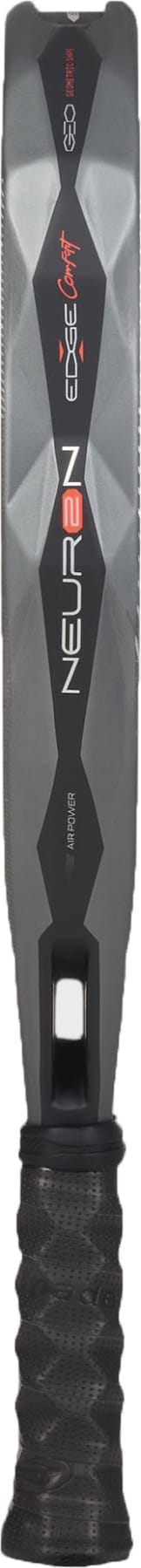 A close-up view of a padel racket handle and upper blade, featuring a textured black grip and a geometric black and gray design with red and white text, reminiscent of the modern styling found in Bullpadel Neuron 02 Comfort 2027 Padel Racket models—a precision racket from Bullpadel crafted for intermediate and advanced players.