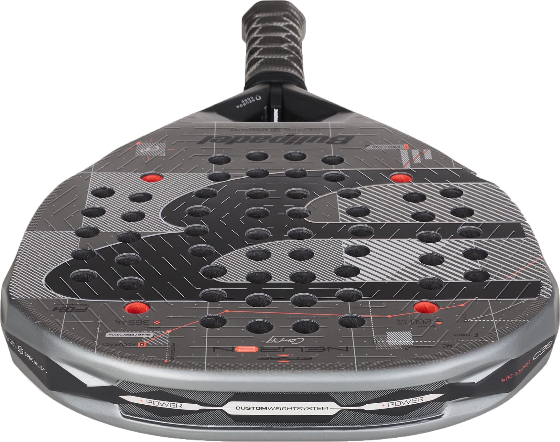 A close-up of the Bullpadel Neuron 02 Comfort 2027 Padel Racket, a black and gray racket by Bullpadel featuring a textured surface, multiple holes, red accents, and a black grip handle—perfect for intermediate and advanced players who want maximum control.