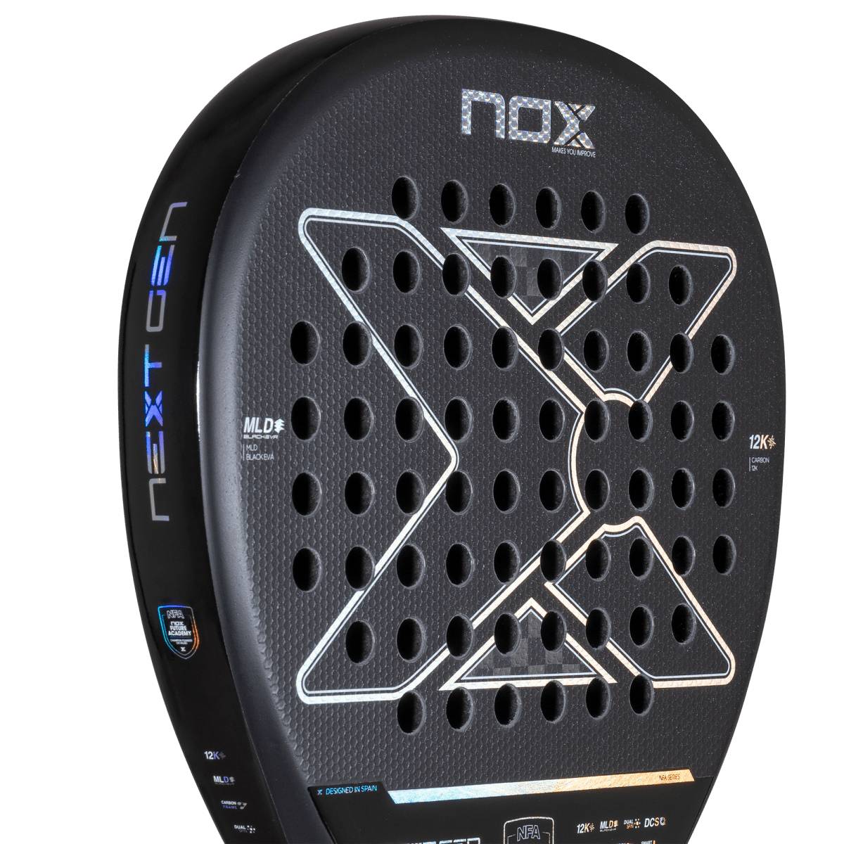 Close-up of the NOX NextGen Pro Attack 12K NFA 2026 Padel Racket in black, featuring a large “X”, multiple circular holes, "NEXT GEN" in blue and silver, and a Diamond Head Shape with durable 12K Carbon construction for powerful performance.