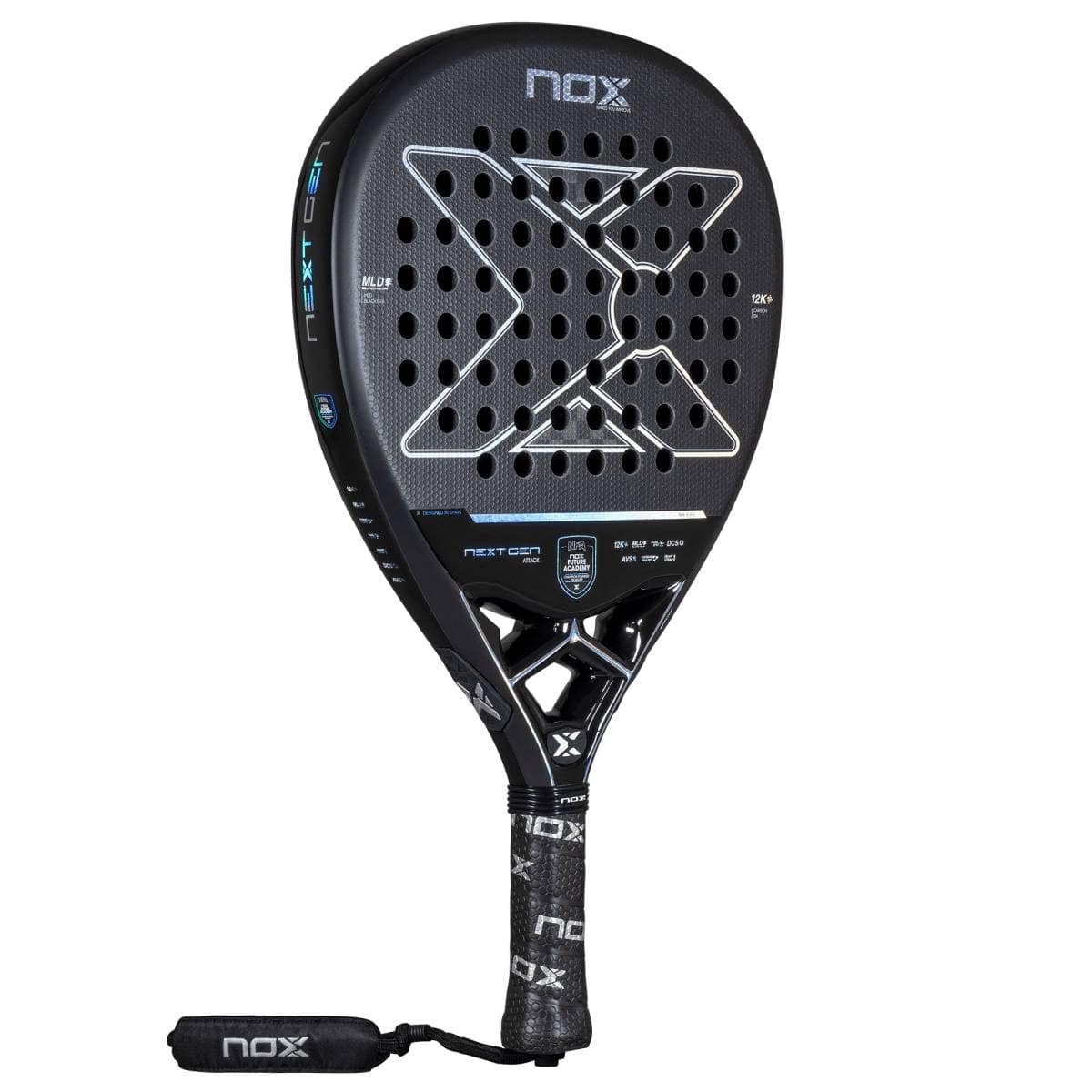 The NOX NextGen Pro Attack 12K NFA 2026 is a black padel racket with a perforated diamond head, silver and blue accents, 12K carbon construction, and a padded handle featuring the NOX logo and wrist strap.