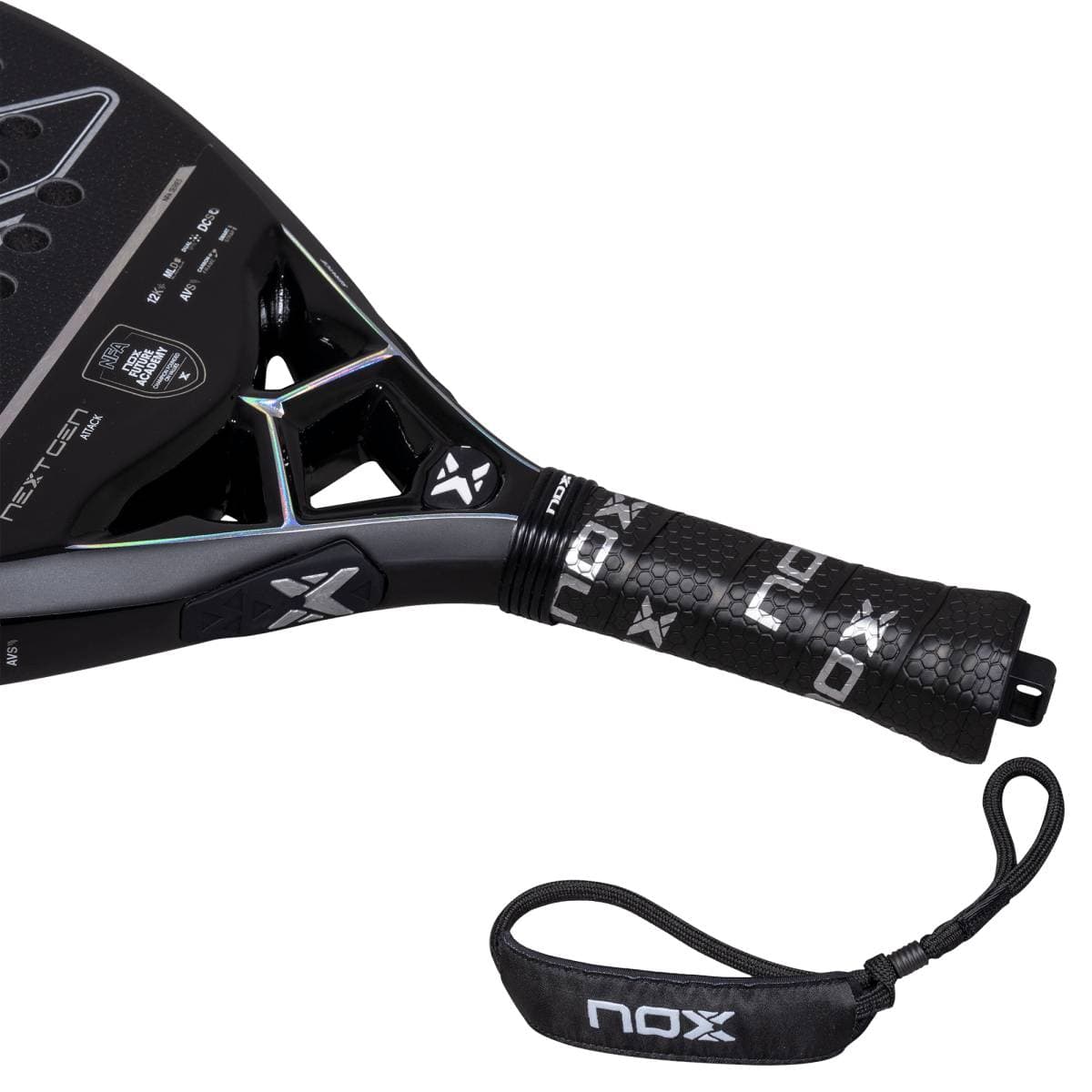 Close-up of the NOX NextGen Pro Attack 12K NFA 2026 Padel Racket featuring 12K Carbon, Diamond Head Shape, textured grip, branded wrist strap, and white NOX logos detailing part of the head and handle.