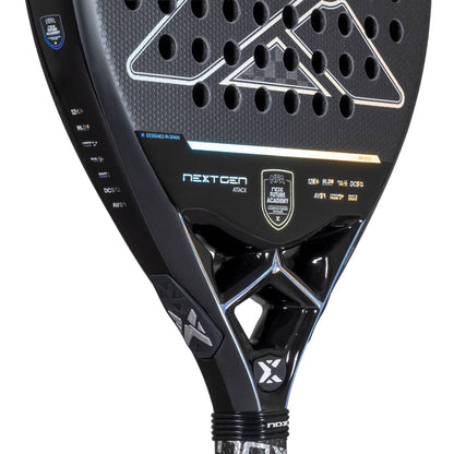Close-up of the NOX NextGen Pro Attack 12K NFA 2026 Padel Racket, featuring a black diamond-shaped head, geometric patterns, round holes, and “NEXTGEN” and “NPA PADEL ACADEMY” branding on its 12K Carbon face and neck.